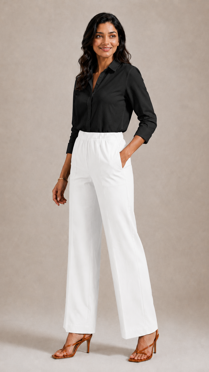 WHITE STRAIGHT COTTON FLEX PANTS