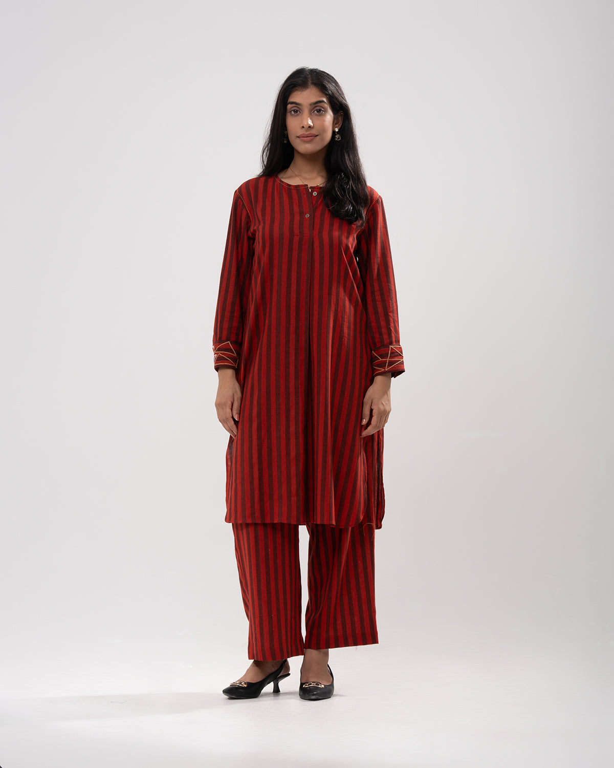 Red & Black Striped Cotton Kurta Set