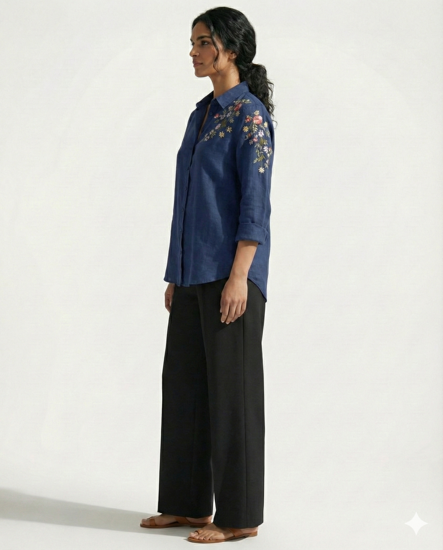 Mid Blue Bloom Embroidered Shirt