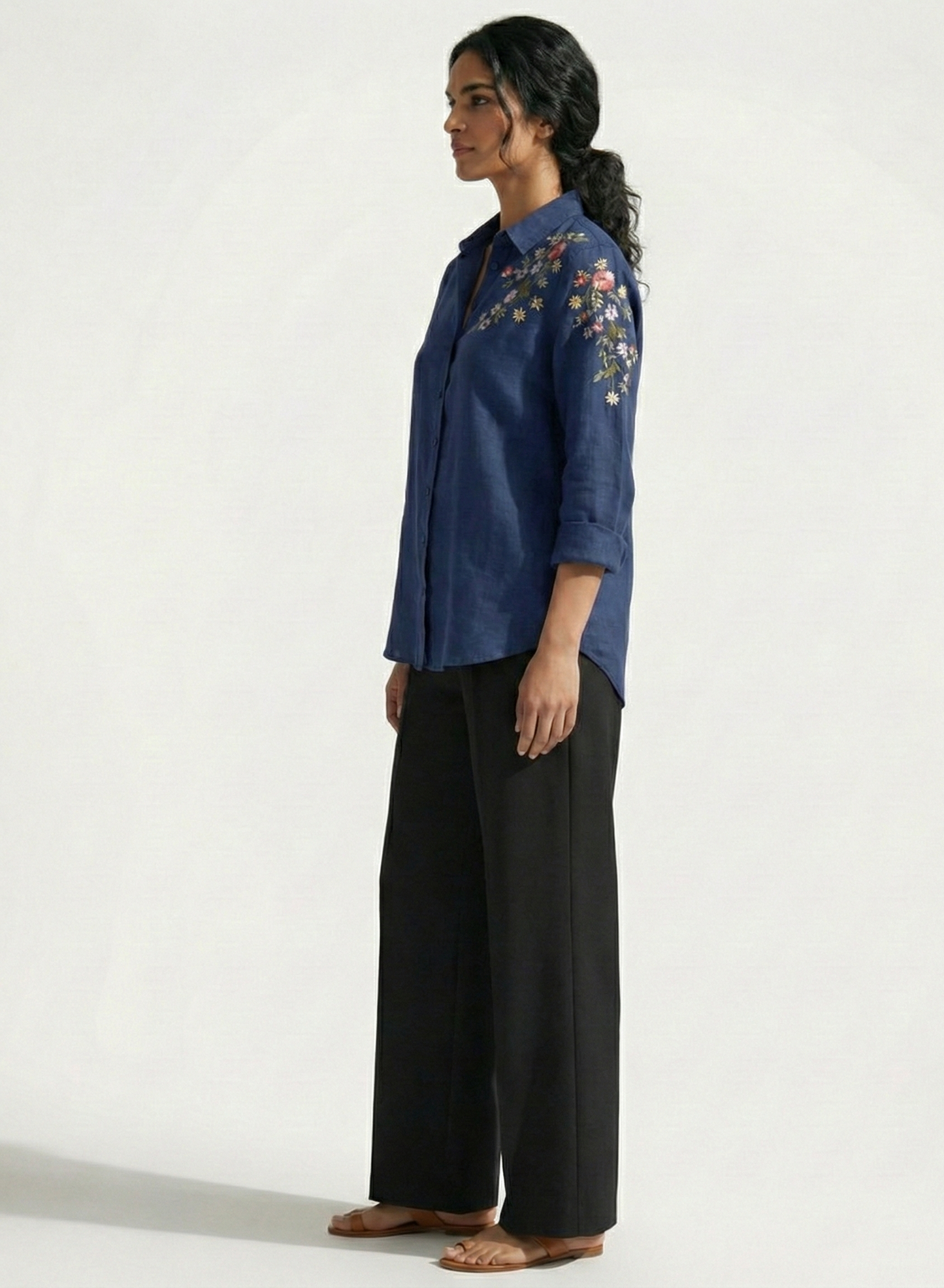 Mid Blue Bloom Embroidered Shirt