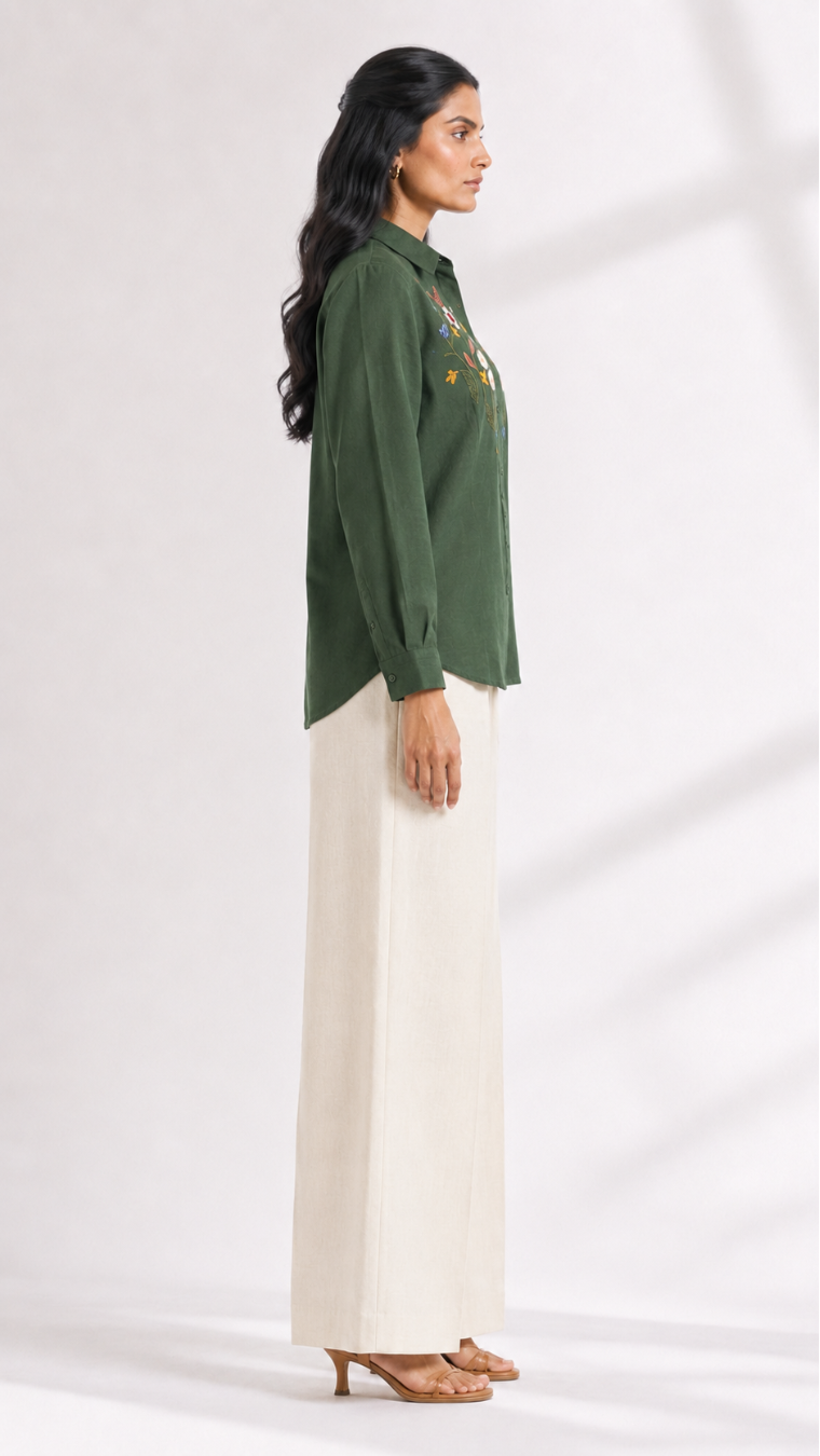 Green Garden Embroidered Cotton Shirt