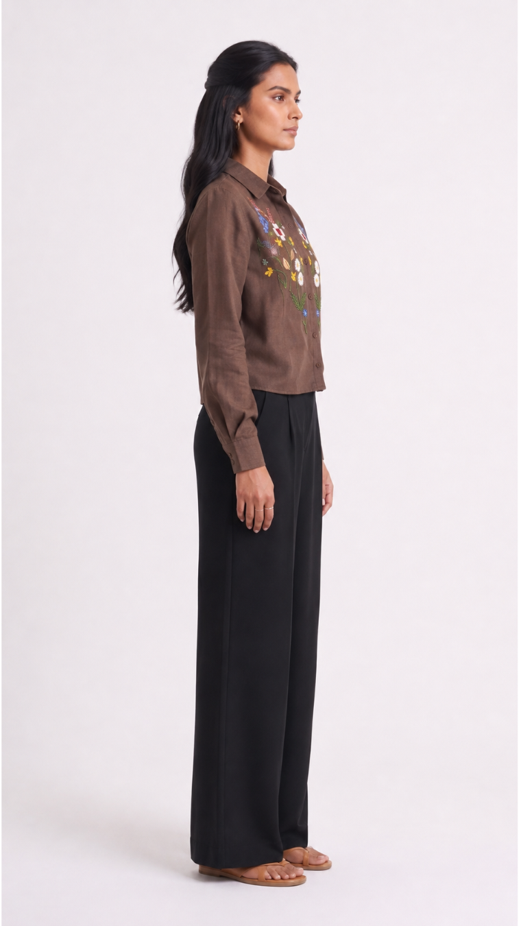 Brown Garden Embroidered Cotton Shirt