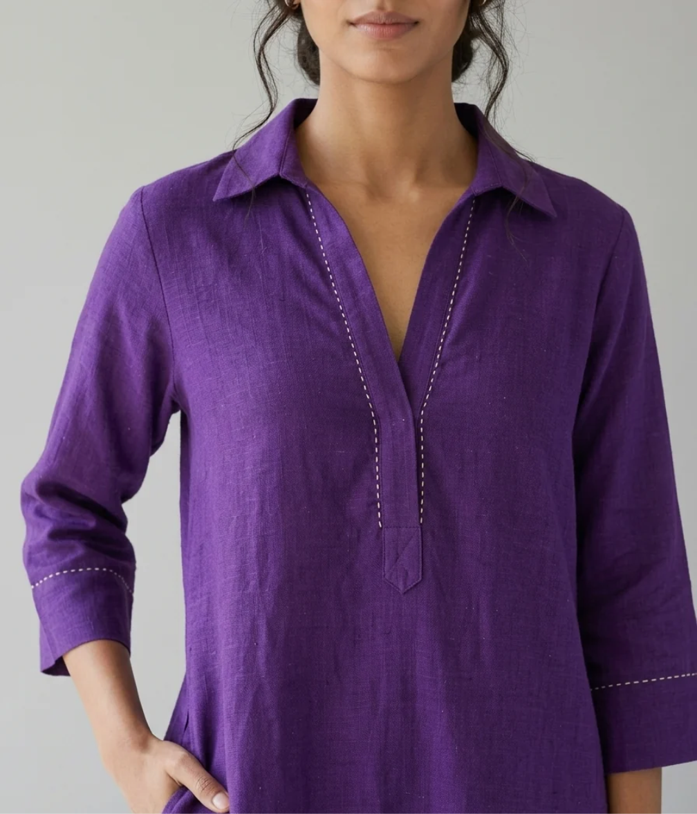 Amethyst Grace purple cotton linen slub long kurta co-ord set for women, detail view