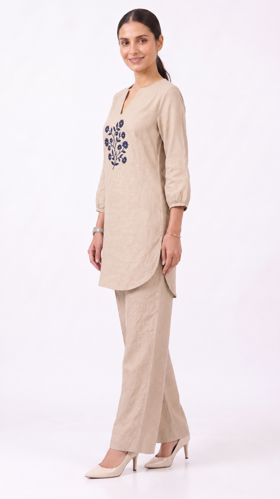 Sahara Bloom — Embroidered Cotton Linen Co-ord Set | Notch Neck Kurta & Elastic Waist Pants