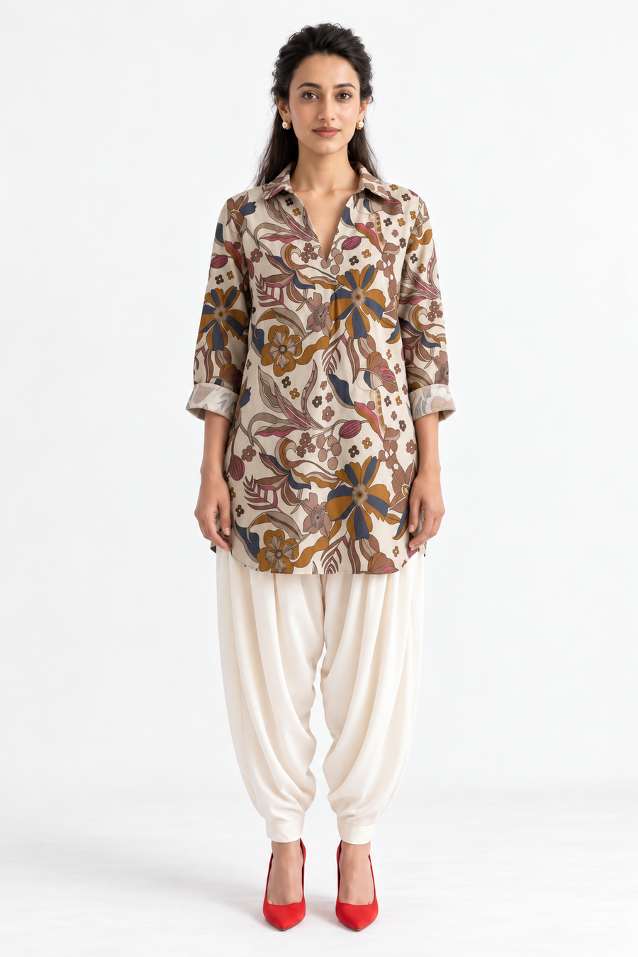 CREAM FLORAL PRINT SHIRT KURTA