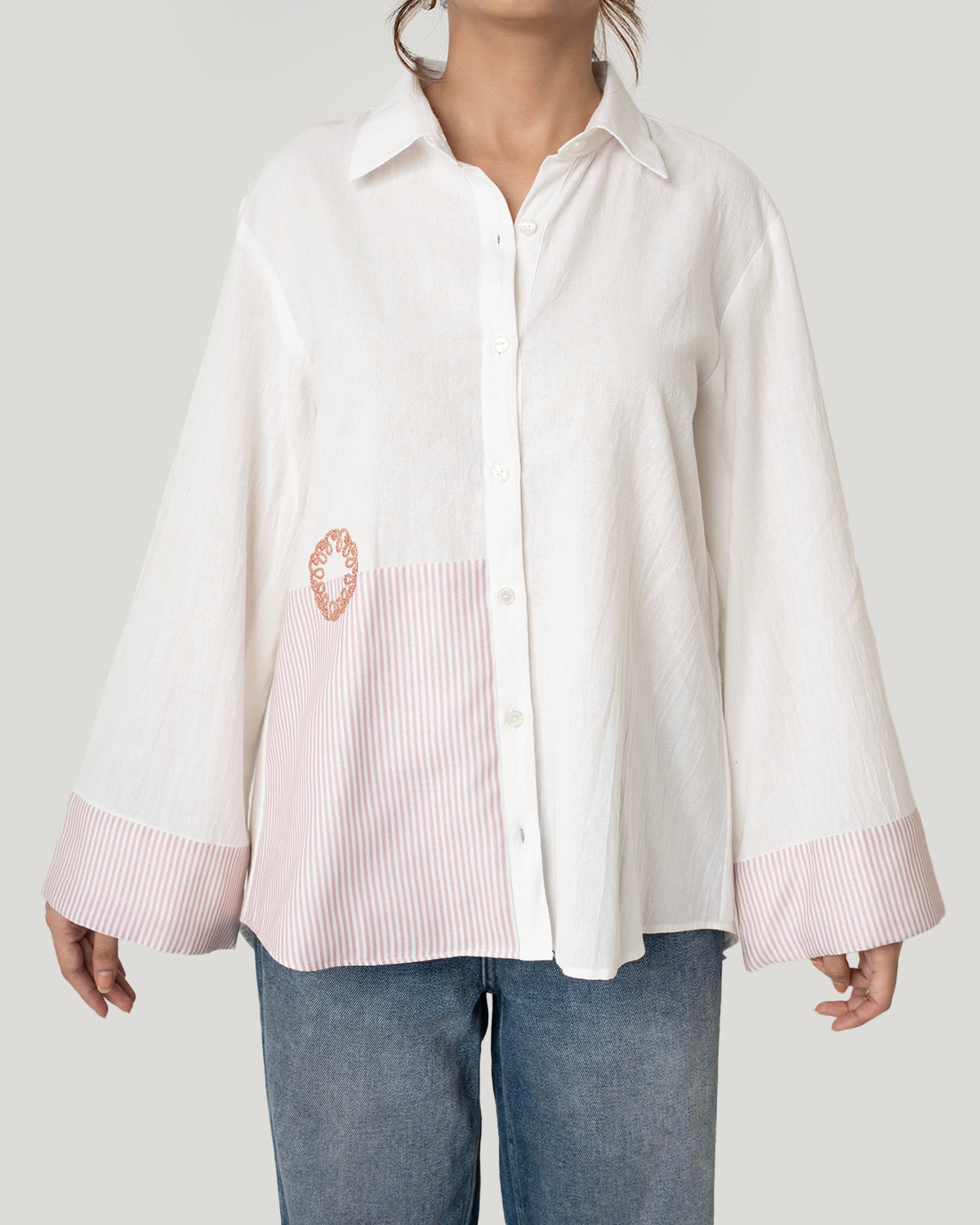 White Pink Stripe Color Block Shirt