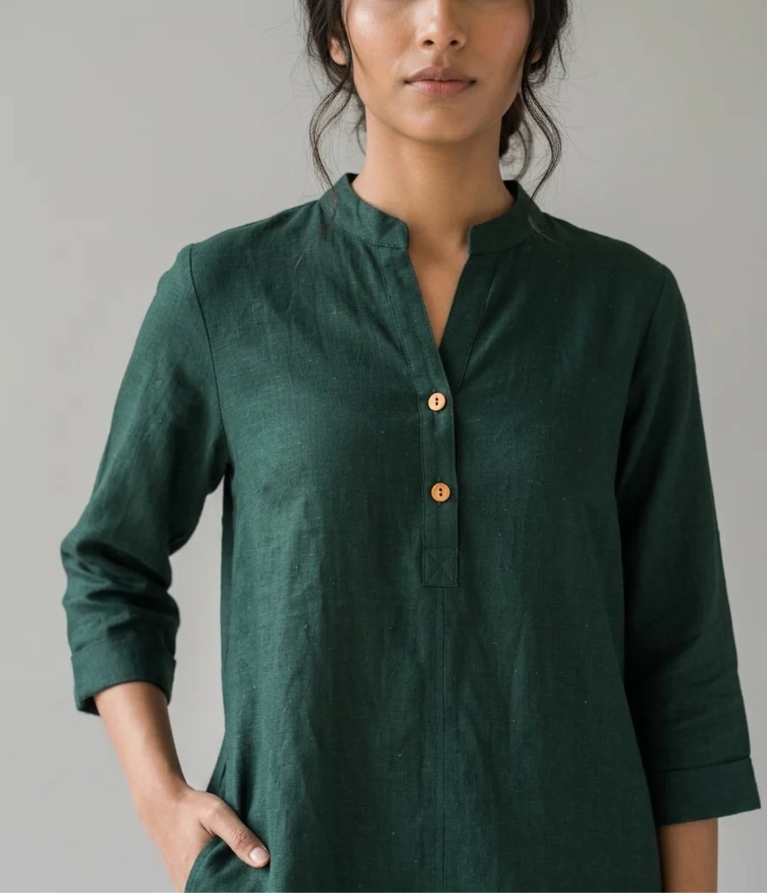 Forest Ease forest green cotton linen slub co-ord set for women, detail view