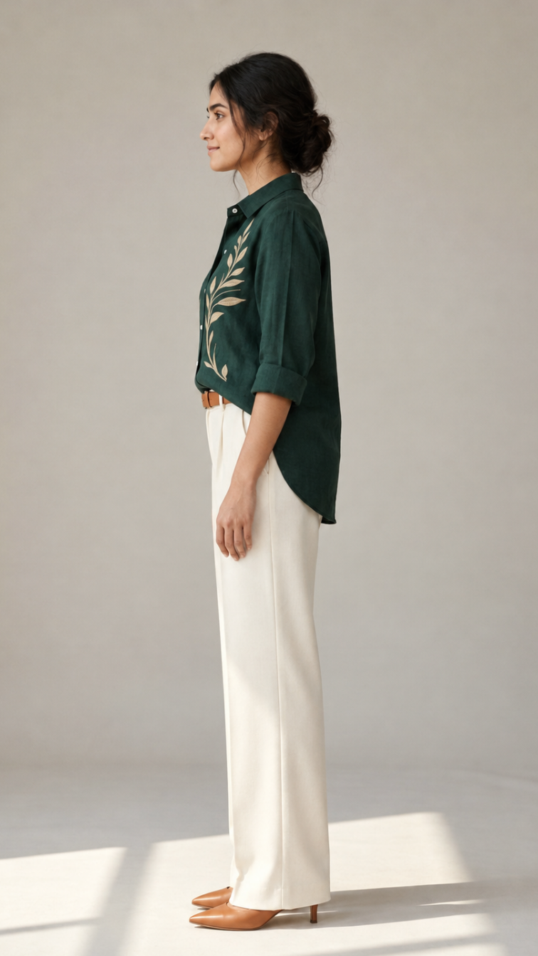 Forest Vine green cotton linen embroidered shirt – side view
