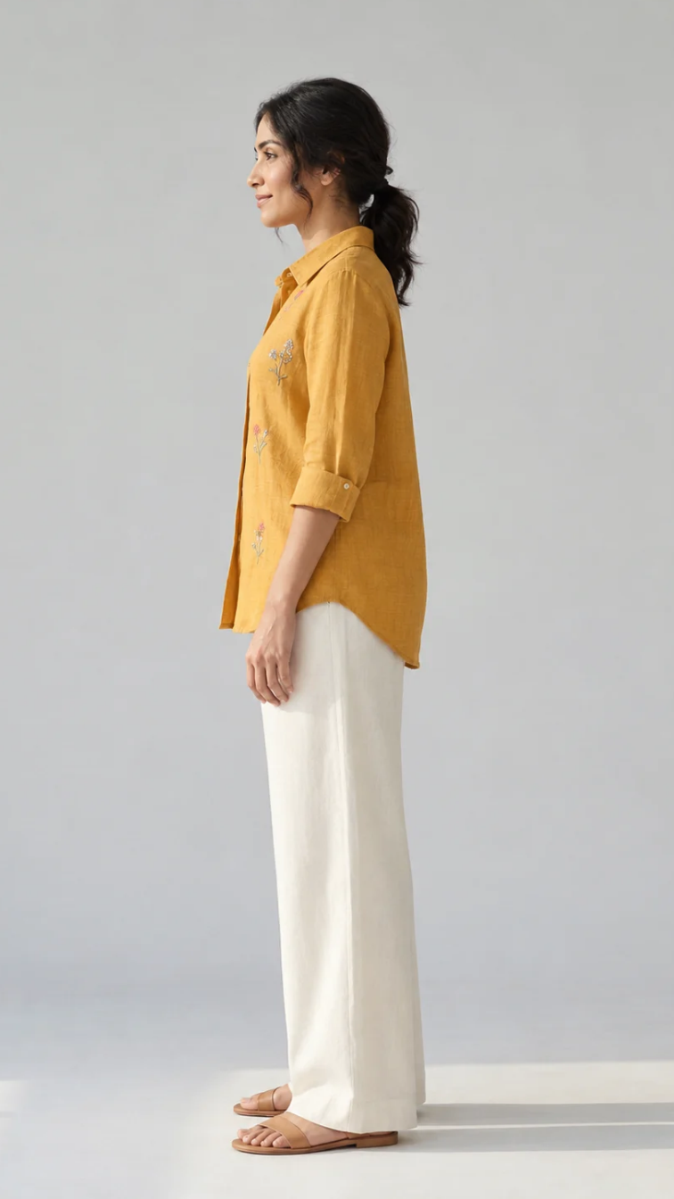 Golden Wishes mustard cotton linen slub embroidered shirt – side view