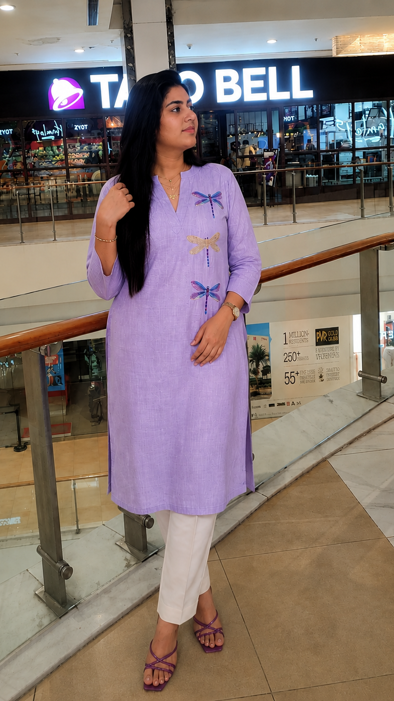 Dragonfly Embroidered Linen Kurta