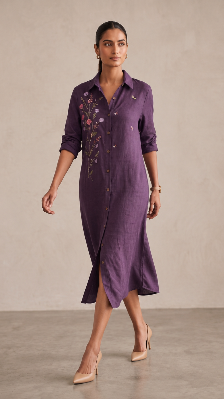 Twilight Bloom Cotton linen Shirt Dress — Deep Purple
