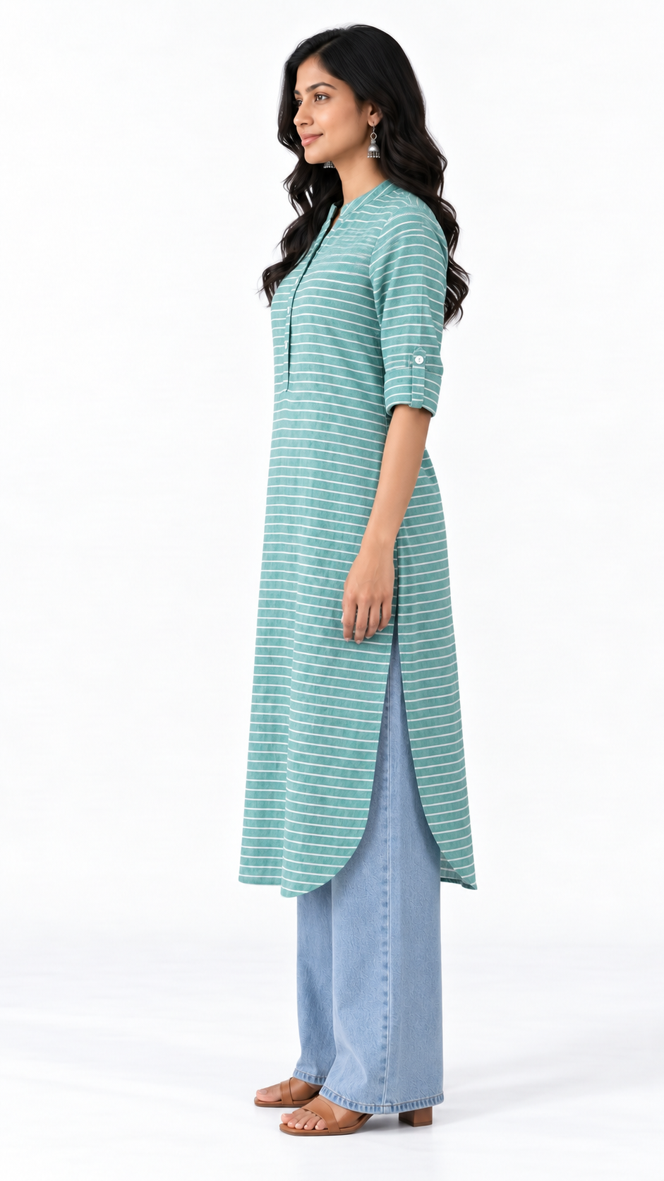 Samundar Teal Striped Cotton Linen Long Kurta for Women | Mandarin Collar Side Slit Kurti