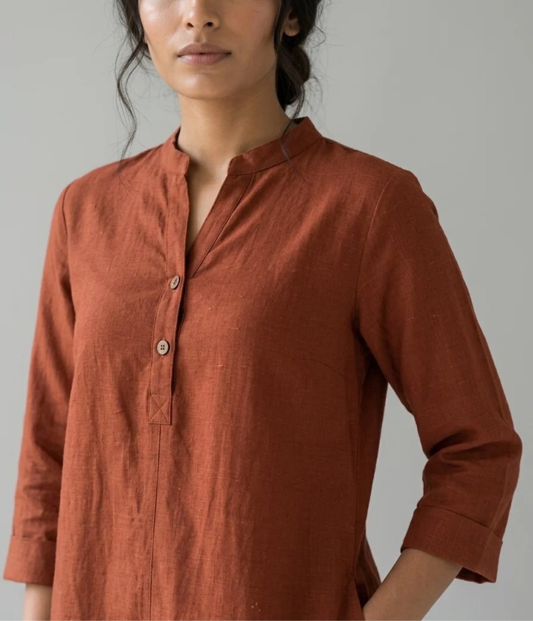 Terracotta Ease rust cotton linen slub co-ord set for women, detail view