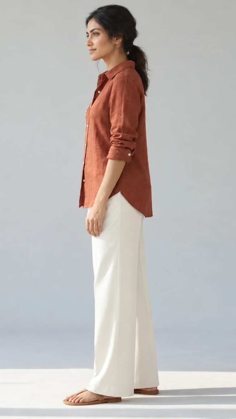 Terracotta Meadow rust cotton linen slub embroidered shirt – side view
