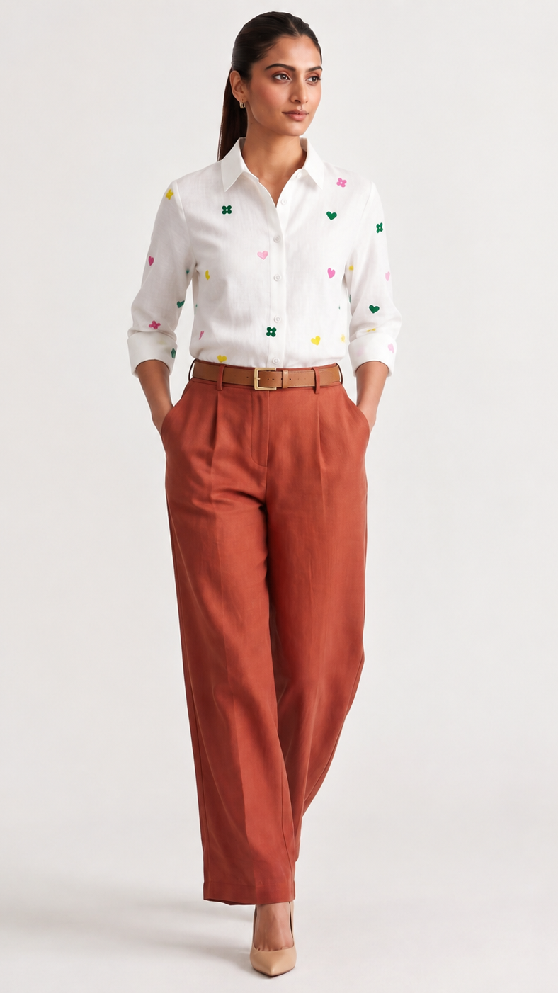 Ivory Posy Embroidered Cotton Linen Shirt