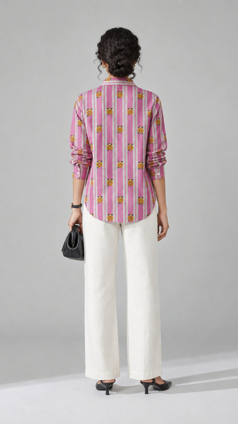 Yellow Flower Print cotton shirt, back view showing the pink stripe and floral motif