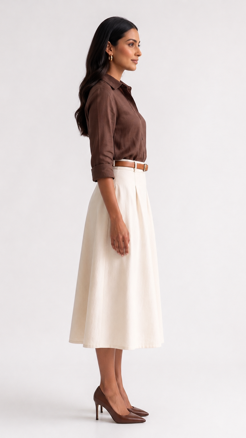 Ivory Linen-Cotton A-Line Midi Skirt