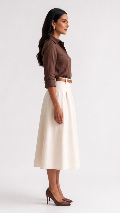 Ivory Linen-Cotton A-Line Midi Skirt