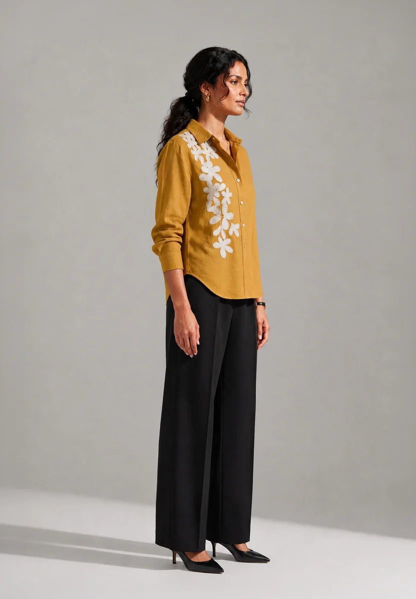 Gold Verd Shirt | Cotton Linen Floral Embroidered Mustard Shirt
