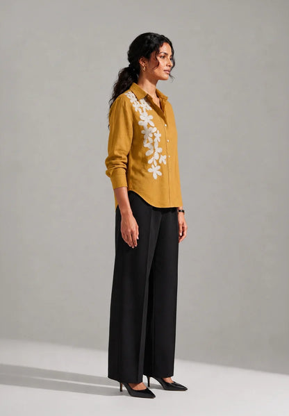 Gold Verd Shirt | Cotton Linen Floral Embroidered Mustard Shirt