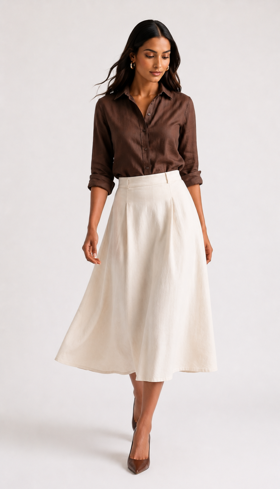 Ivory Linen-Cotton A-Line Midi Skirt
