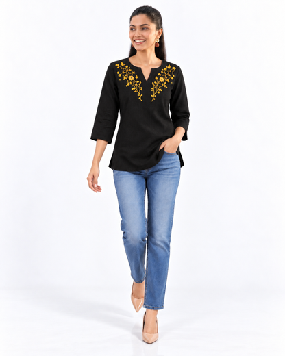 Swarnlata Black Embroidered Cotton Linen Short Kurti for Women | Festive Tunic Top