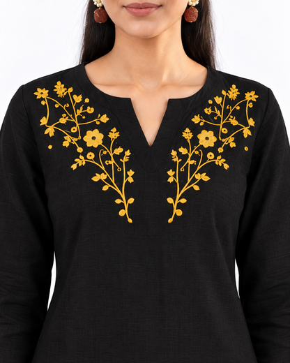 Swarnlata Black Embroidered Cotton Linen Short Kurti for Women | Festive Tunic Top