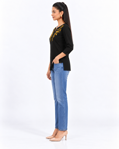 Swarnlata Black Embroidered Cotton Linen Short Kurti for Women | Festive Tunic Top