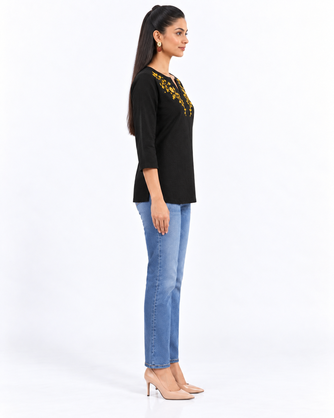 Swarnlata Black Embroidered Cotton Linen Short Kurti for Women | Festive Tunic Top