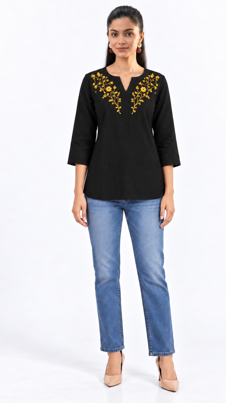 Swarnlata Black Embroidered Cotton Linen Short Kurti for Women | Festive Tunic Top