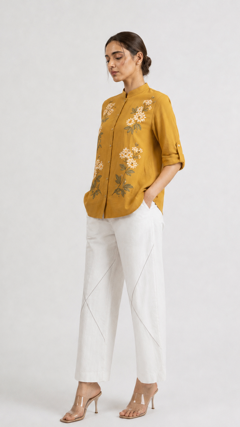 Mustard Bloom Embroidered Mandarin Collar Shirt