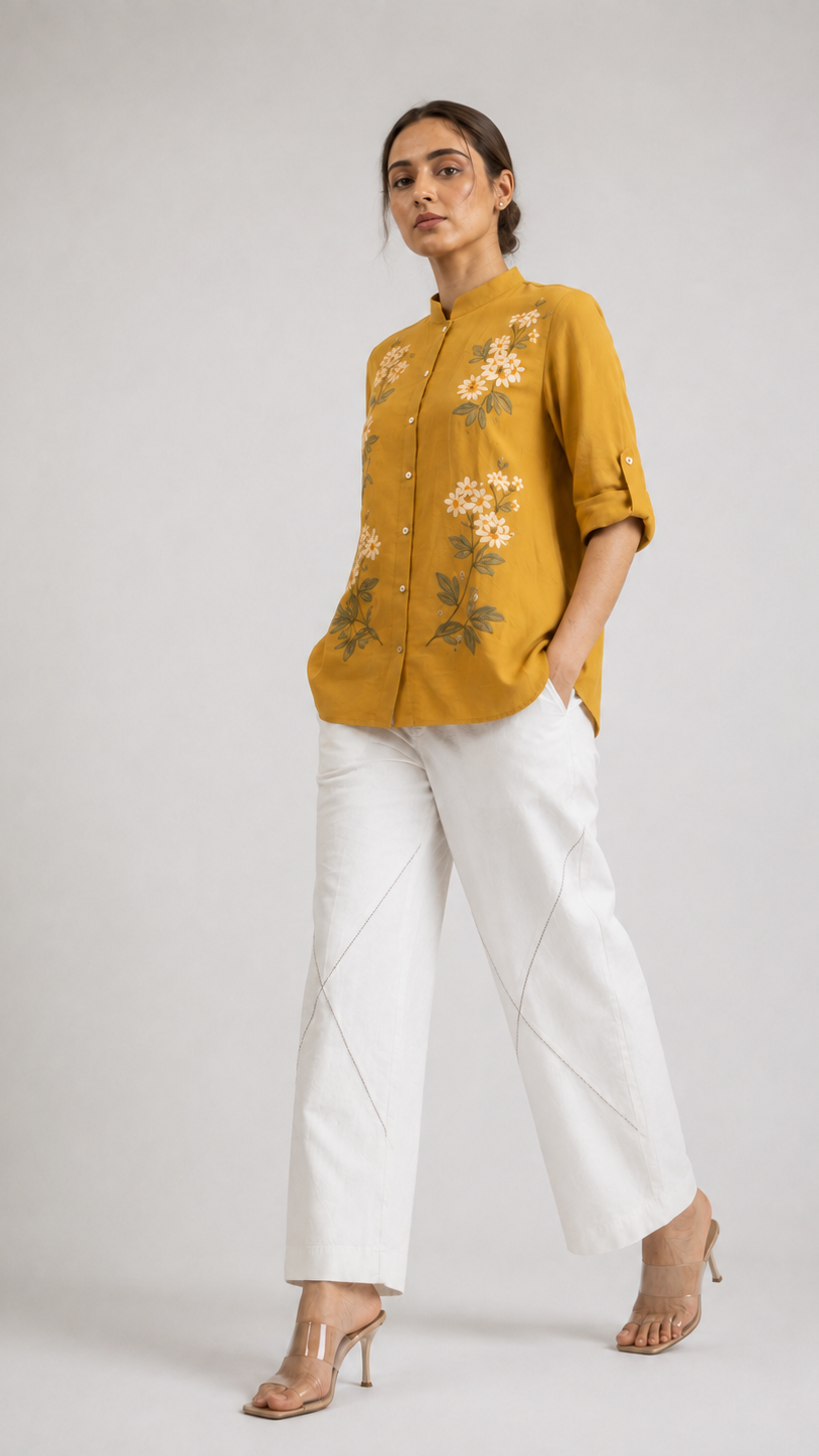 Mustard Bloom Embroidered Mandarin Collar Shirt