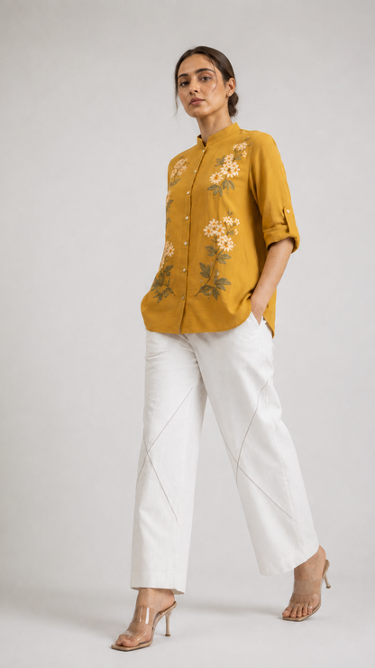 Mustard Bloom Embroidered Mandarin Collar Shirt