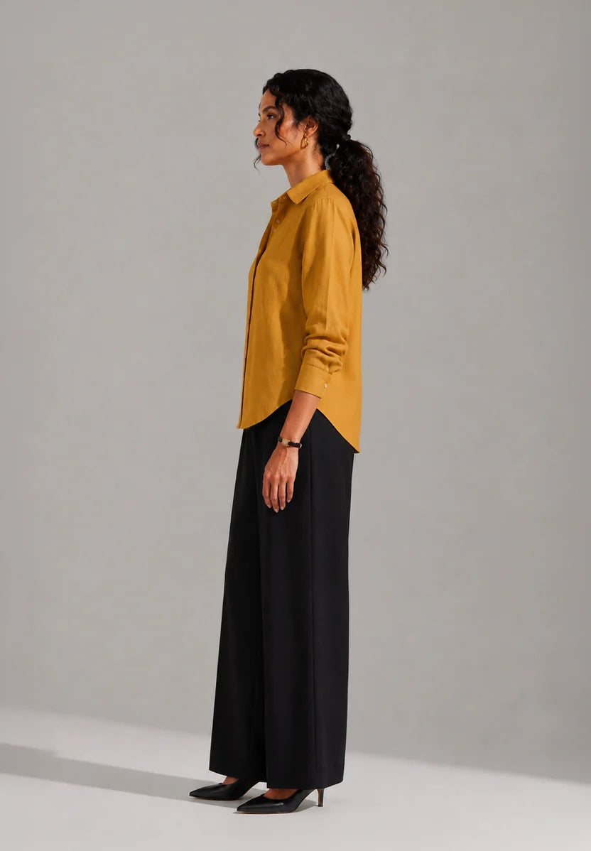 Gold Verd Shirt | Cotton Linen Floral Embroidered Mustard Shirt