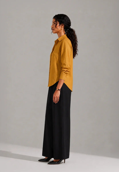 Gold Verd Shirt | Cotton Linen Floral Embroidered Mustard Shirt