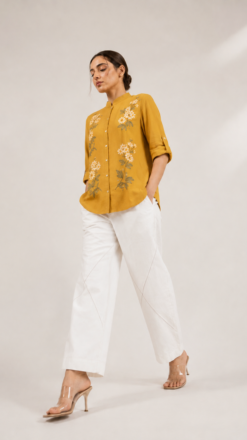 Mustard Bloom Embroidered Mandarin Collar Shirt