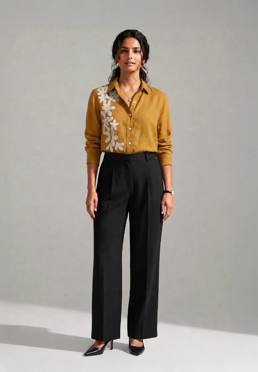 Gold Verd Shirt | Cotton Linen Floral Embroidered Mustard Shirt
