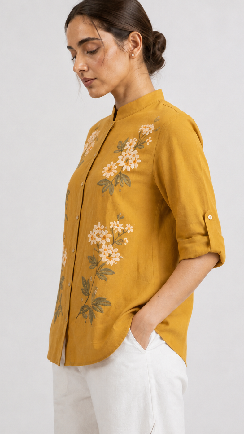 Mustard Bloom Embroidered Mandarin Collar Shirt