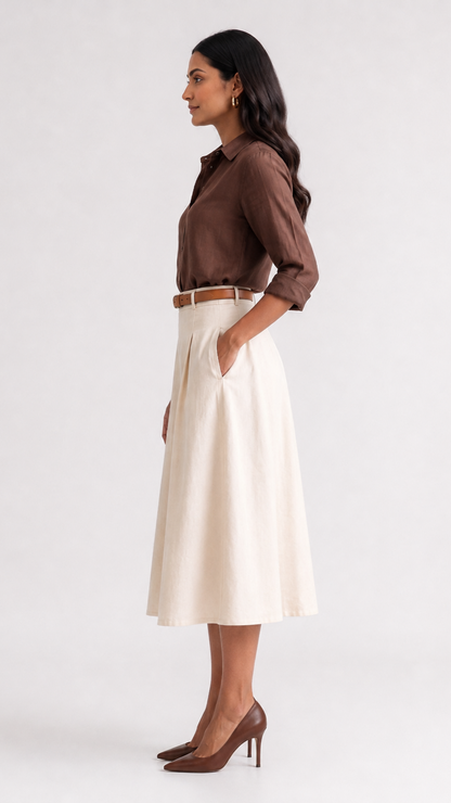 Ivory Linen-Cotton A-Line Midi Skirt