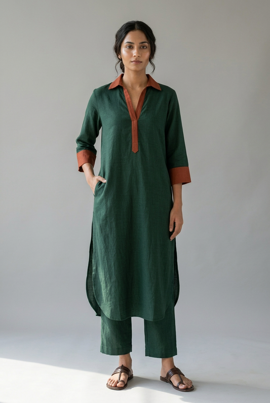 Forest Rust Cotton Linen Slub Kurta Co-ord Set