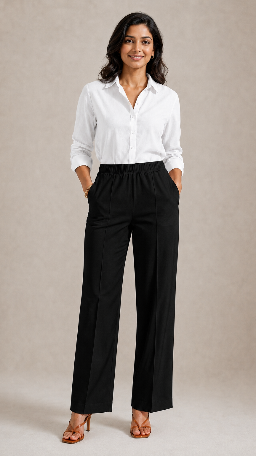 BLACK STRAIGHT COTTON FLEX PANTS