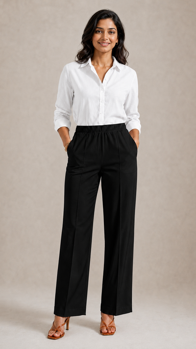 BLACK STRAIGHT COTTON FLEX PANTS