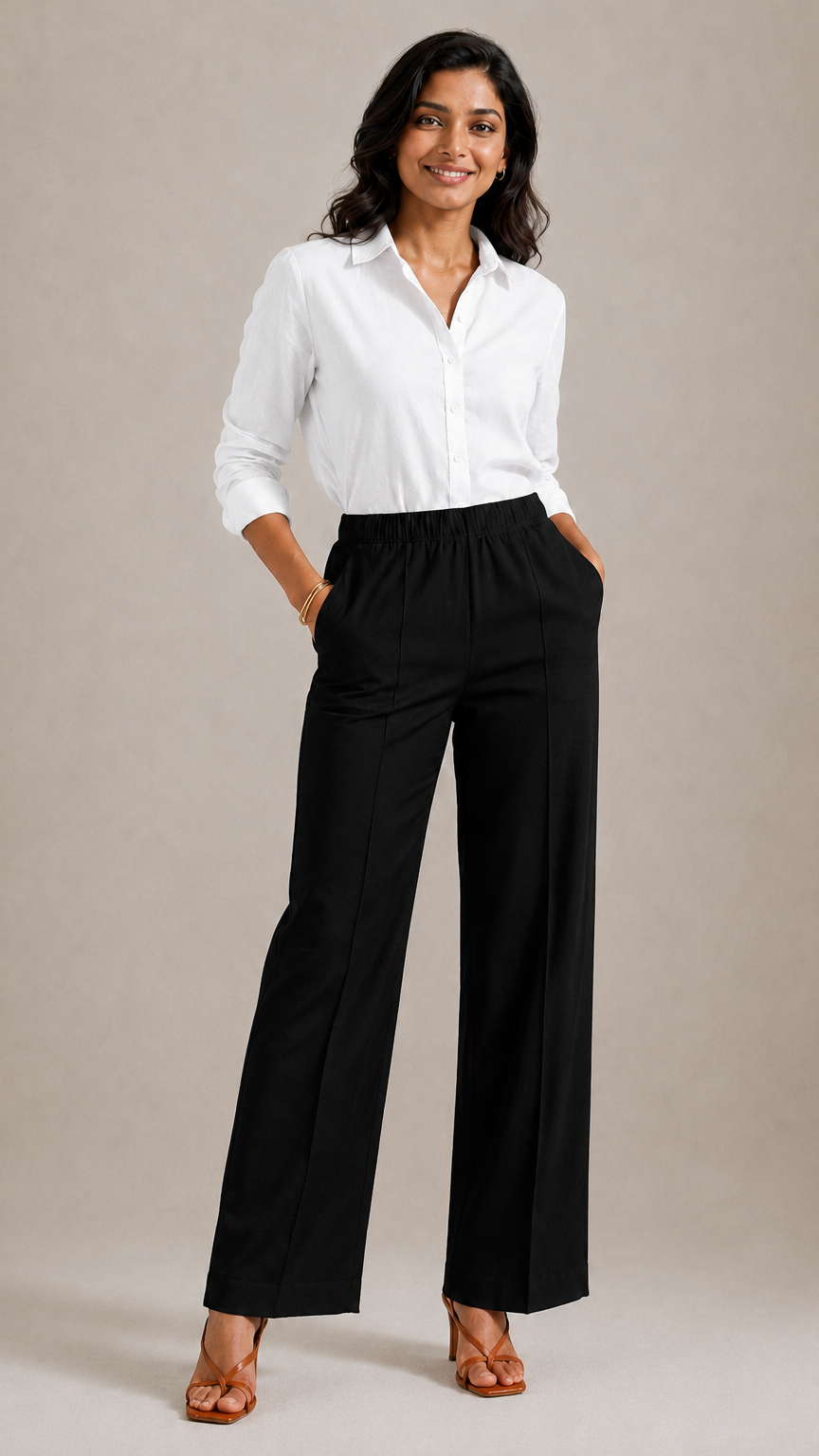 BLACK STRAIGHT COTTON FLEX PANTS