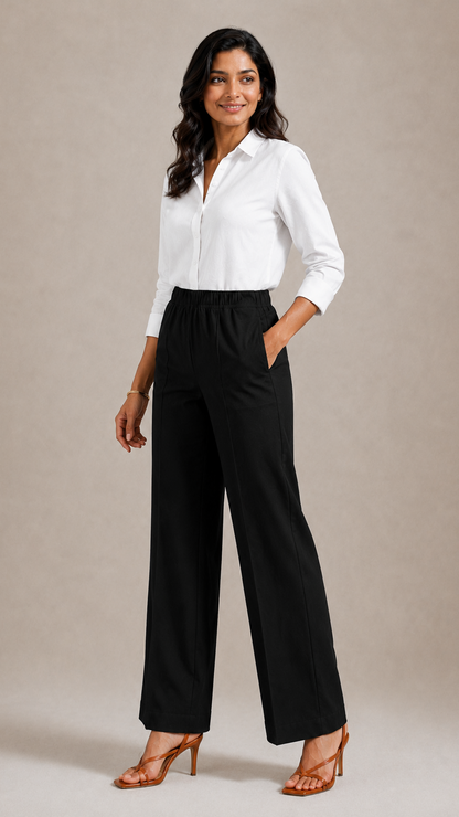 BLACK STRAIGHT COTTON FLEX PANTS