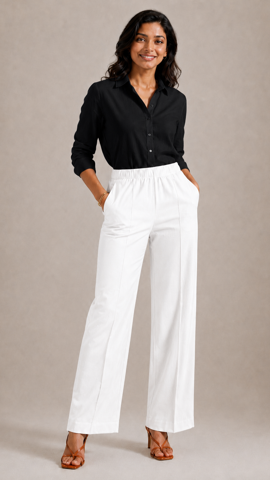 WHITE STRAIGHT COTTON FLEX PANTS