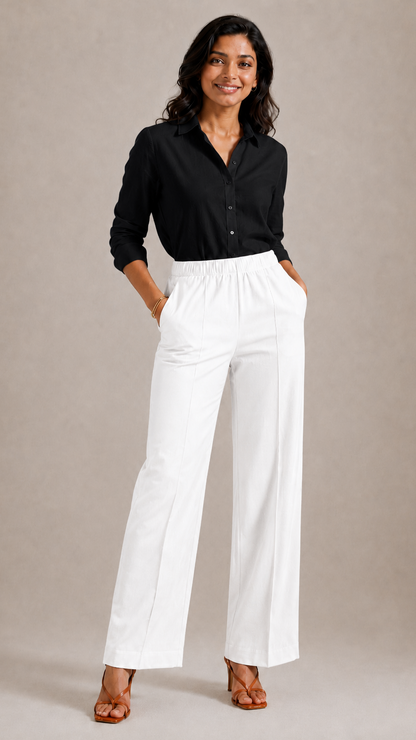 WHITE STRAIGHT COTTON FLEX PANTS