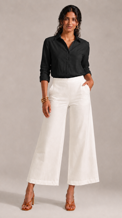 WHITE WIDE COTTON FLEX PANTS