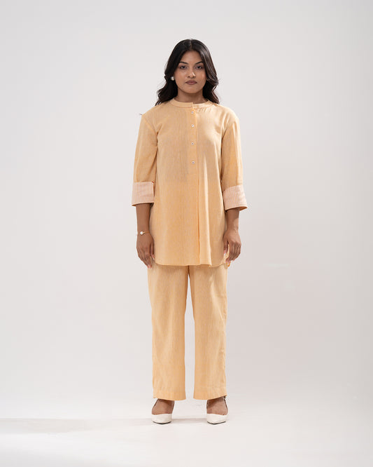 Peach Striped-Cuff Cotton Kurta Set