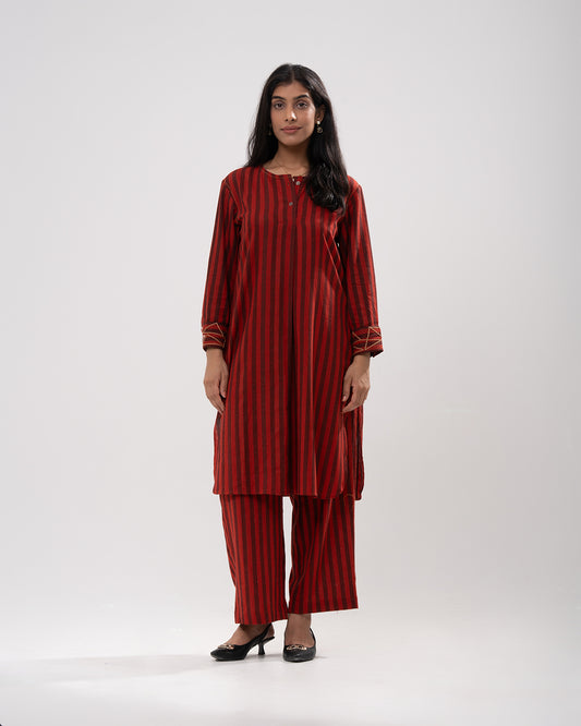 Red & Black Striped Cotton Kurta Set