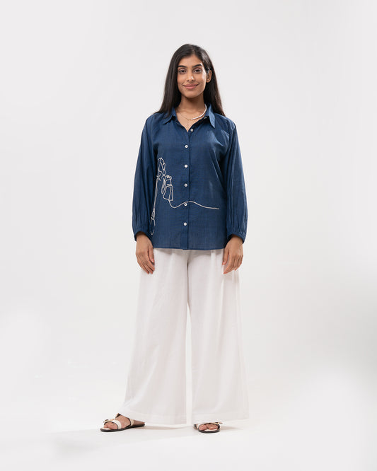 Denim Line Art Embroidered Shirt